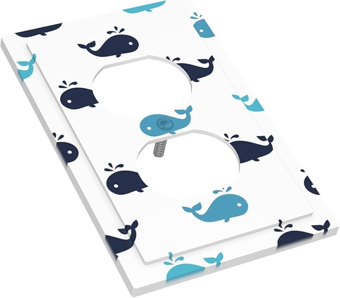 Cute Blue Whales Duplex Wall Plate - 1-Gang Standard US Size Nautical Whale Pod Outlet Covers, Minimalist Coastal for Nursery Decor