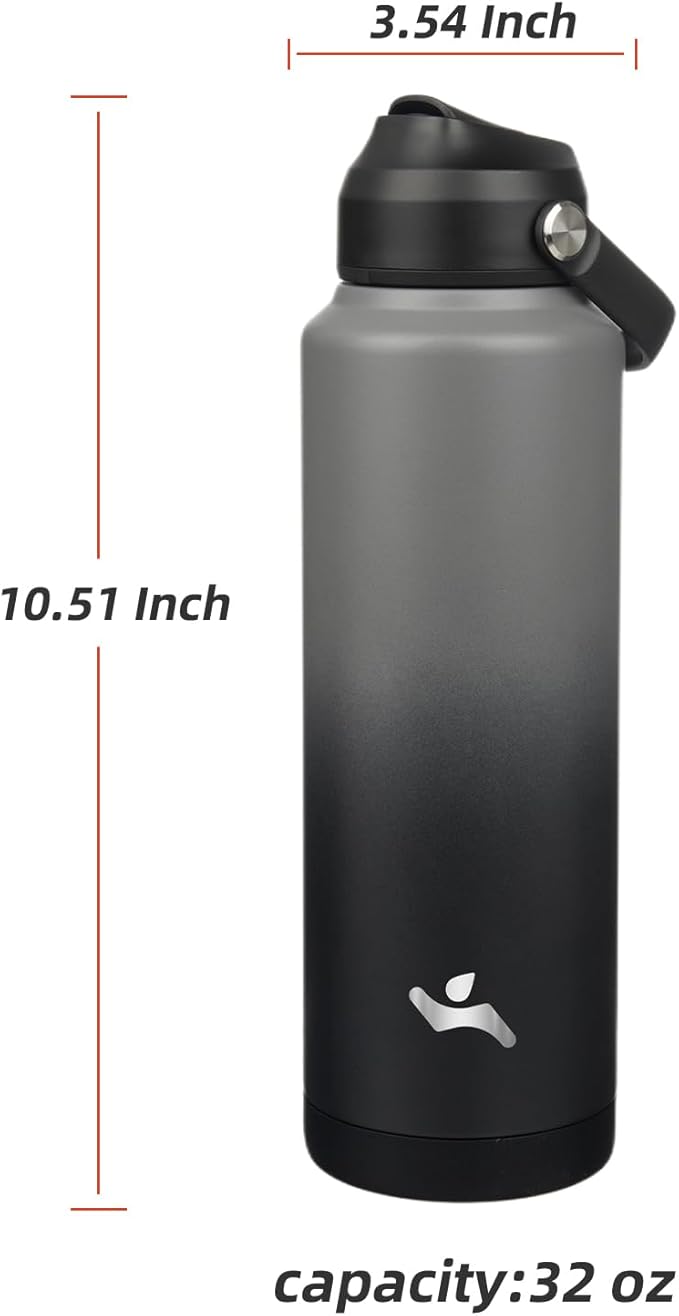 Konokyo Insulated Water Bottle with Straw Lid,40 oz Stainless Steel Vacuum Metal Bottle with Silicone Handle,Gray Black