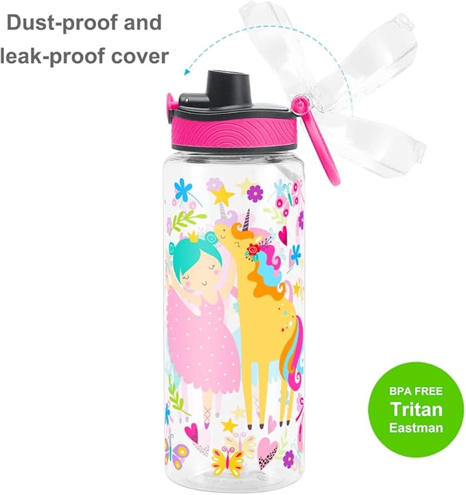 Home Tune Cute Water Bottle for School Kids Girls, BPA FREE Tritan & Leak Proof & Easy Clean & Carry Handle, 23oz/ 680ml - Girl & Unicorn