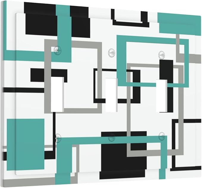 Geometric Turquoise Black Gray Modern Abstract Boho Decorative Switch Plates 3 Gang Wall Plate Triple Toggle Light Switch Cover Faceplate Electrical Wall Panels for Office Nursery Decor