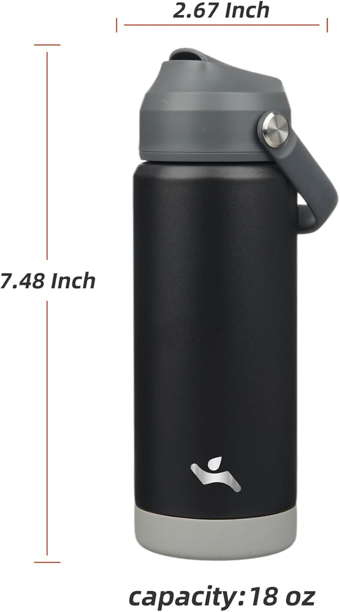 Konokyo Insulated Water Bottle with Straw Lid,18 oz Stainless Steel Vacuum Metal Bottle with Silicone Handle,Black