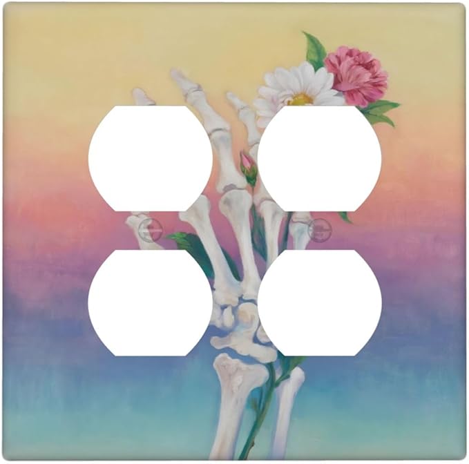 Skeleton Flower Double Duplex Receptacle Outlet Cover Wall Plate Decorative 2 Gang Light Switch Covers Electrical Switchplate Home Decorate Faceplat for Bathroom Bedroom Kitchen Room 4.5 x 4.5 Inch