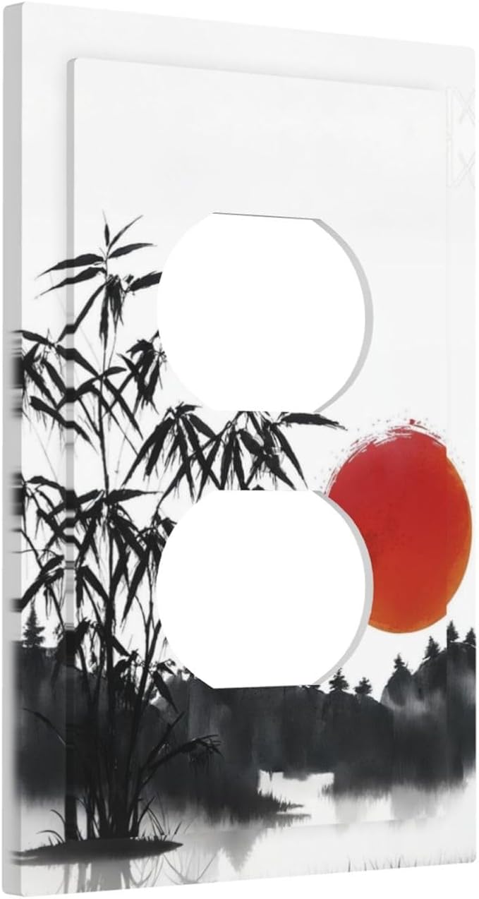 Decorative Outlet Covers Artistic Describe Black Bamboo Japanese Red Sun 1 Gang Wall Plate Receptacle Duplex Light Switch Cover Plate Single Dual Plug Covers Electrical Switchplate