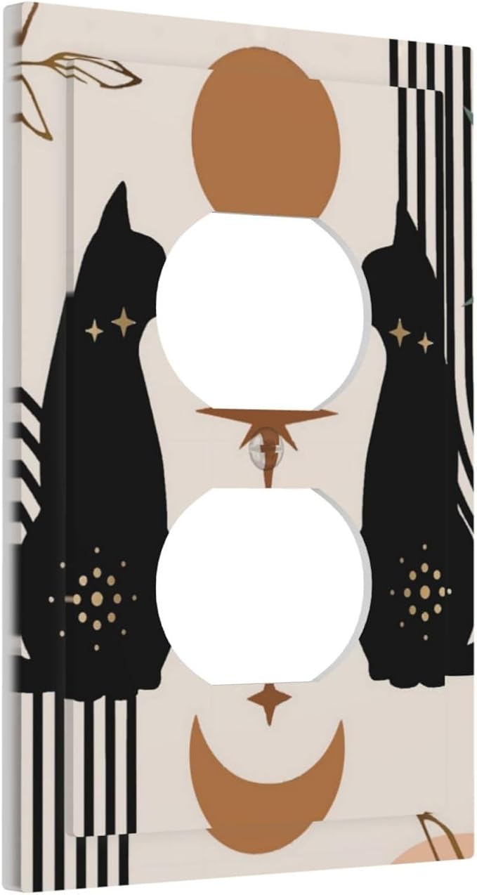 1 Gang Single Duplex Receptacle Outlet Cover Witchy Mystic Boho Mid Century Black Cat Moon Phase Lovely Leaf Animal Electrical Wall Plate One Gang Dual Device Light Switch Faceplate Socket Plug Cover
