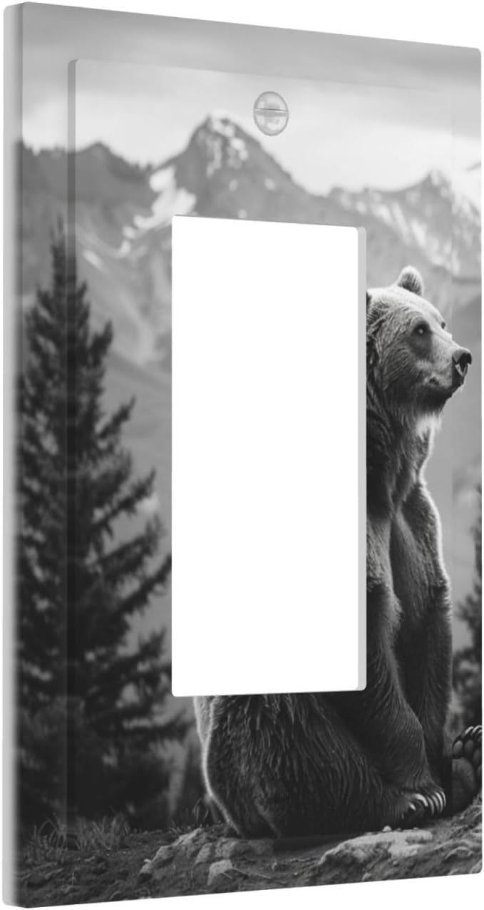 Light Switch Cover Plate Black White Bear Mountain Pine Trees Wilderness 1 Gang Outlet Covers Single Rocker Decorative Switch plates Electrical Wall Plates GFCI Receptacle for Bathroom Bedroom
