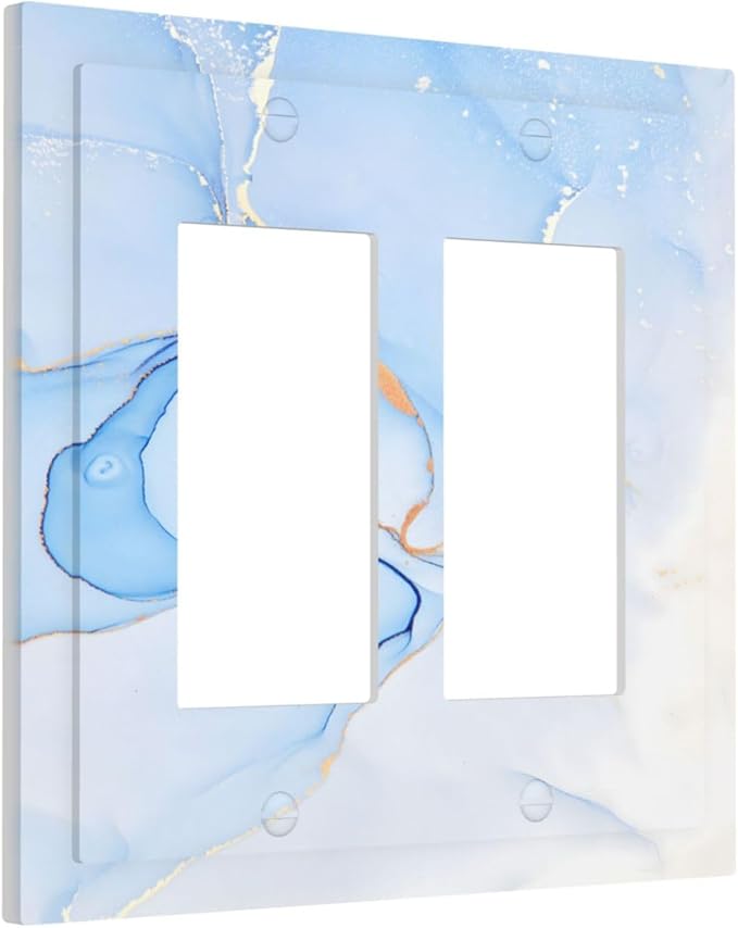 Modern Art Blue Gold Marble Abstract Luxury Print Decorative Outlet Covers 2 Gang Double GFCI Rocker Electrical Wall Panels Light Switch Cover Plate for Bathroom Living Room Decor