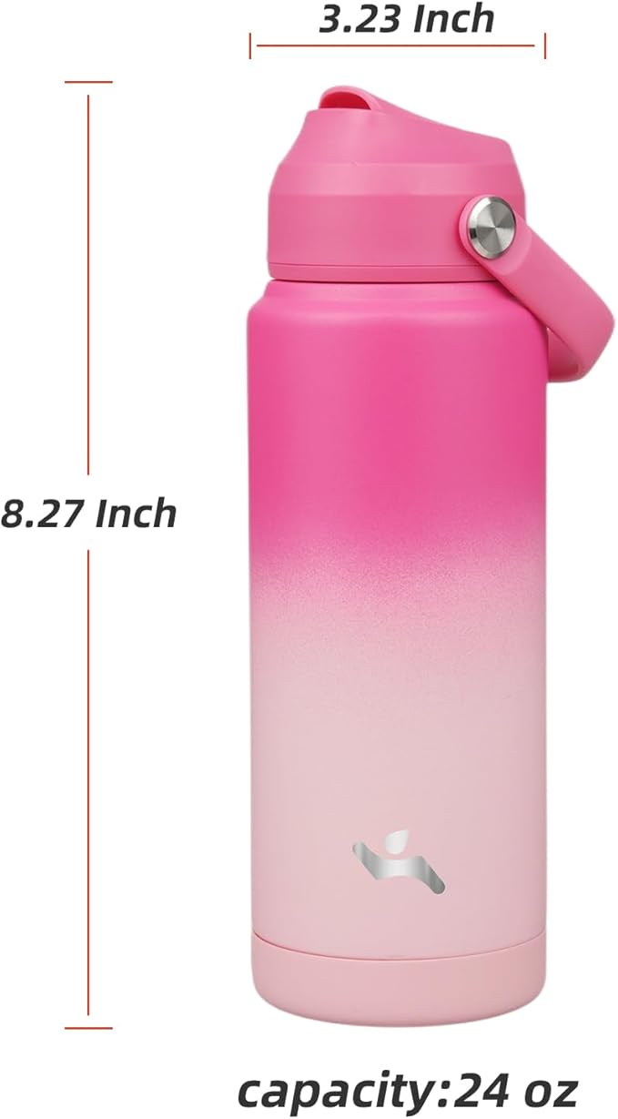Konokyo Insulated Water Bottle with Straw Lid,24 oz Stainless Steel Vacuum Metal Bottle with Silicone Handle,Cherry Blossom