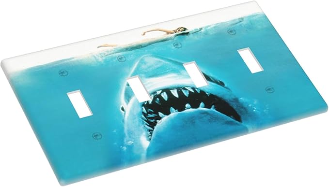 Beach Shark Oceanjaws Movie Vintage Look Light Switch Covers Quad Toggle Electrical Faceplate 4 Gang Wall Plate Decorative Switch Plates Cover for Bathroom Kids Room Decor