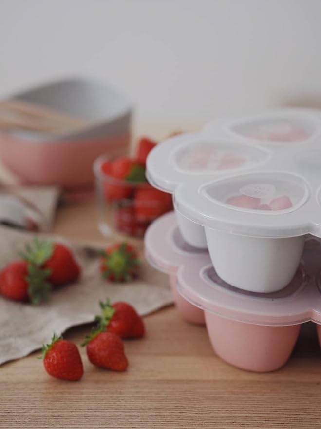 BEABA Multiportions Premium Quality Silicone Baby Food Freezer Tray with Clip On Lid, Baby Food Storage Container Ice Cube Tray Maker, Made in Italy, Rose, 3 oz