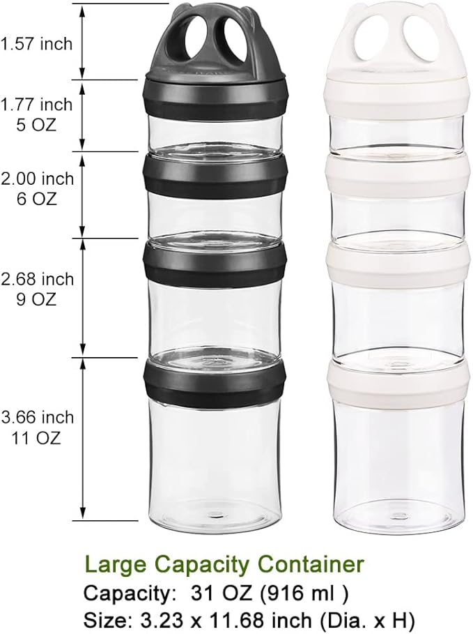 BeneLabel Stackable Food Storage Containers with Twist Lock System - BPA-Free Tritan Containers for Travel, Formula, Protein Powder, Snacks - Leakproof & Dishwasher Safe (Black and White, 31oz per)