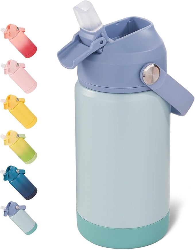 Fijinhom 12 oz Water Bottle, Kids Water Bottles for School, Toddler Water Bottle with Straw & Handle, 304 Stainless Steel Insulated Water Bottle, Non-slip Silicone Base, BPA Free, Haze Blue