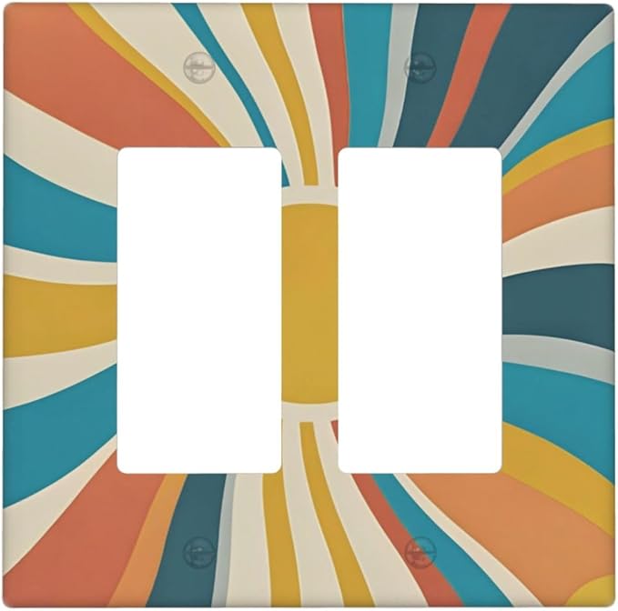 Decorative Outlet Covers with Retro Mid-Century Modern Sunburst Motif Design 2 Gang Wall Plate Double Rocker Light Switch Cover Switch Plate Cover for Abstract Teal/Yellow/Orange Wall Decor