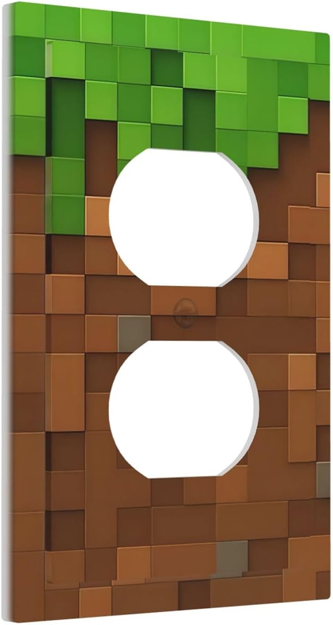 Pixel Style Gamer Themed Grass Block Outlet Covers 1 Gang Duplex Light Switch Cover Decorative Switch Plates Electrical Receptacle Faceplate Wall Plate for Kids Room Office Home Decor