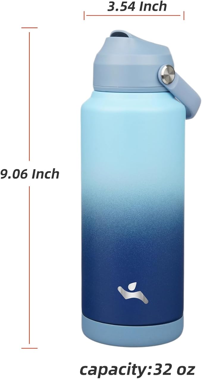 Konokyo Insulated Water Bottle with Straw Lid,32 oz Stainless Steel Vacuum Metal Bottle with Silicone Handle,Gray Black
