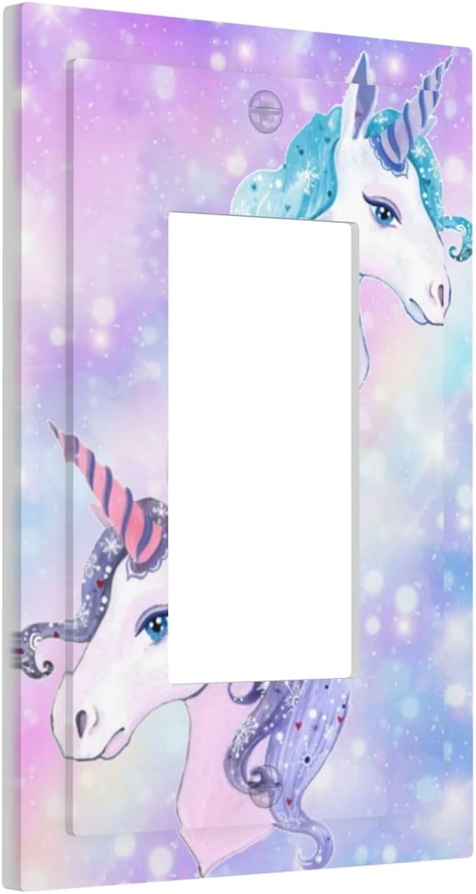 Cartoon Kids Girls Girly Fantasy Cute 1-Gang Decorator Rocker Outlet Light Switch Cover Purple/Blue Rainbow Unicorn Princess Decorative Single Device GFCI Receptacle Switch Wall Plate Dimmer Mid Size