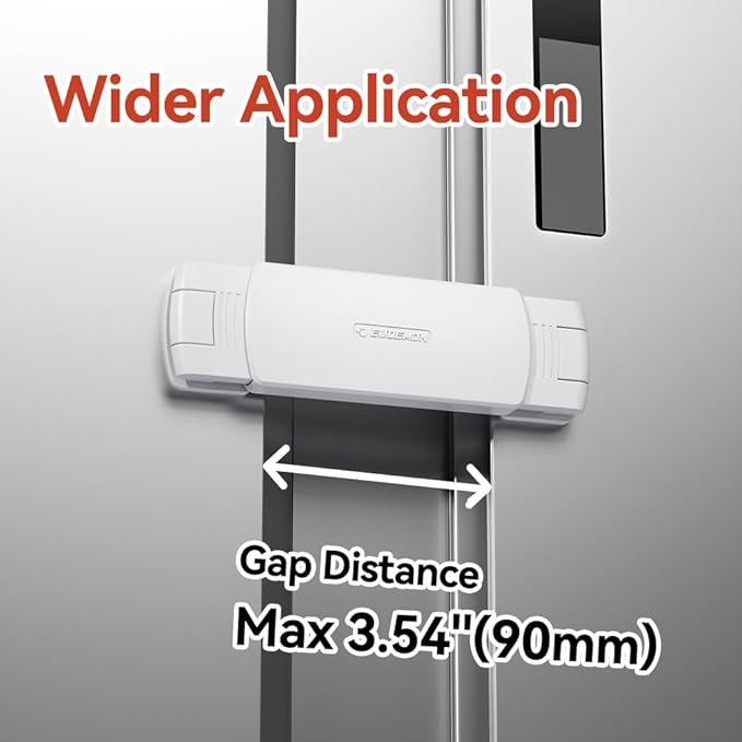 EUDEMON 1 Pack Latest French Fridge Lock French Door Refrigerator/Freezer Lock Apply to Max 3.54"(90mm) Two Door Gap Distance for Kids & Babies,Easy to Install no Tools Need or Drill (White)