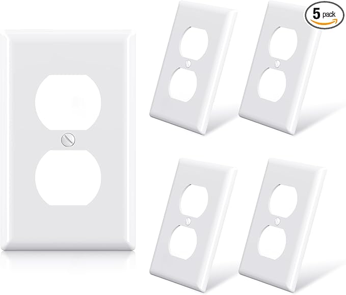 ELEGRP Duplex Receptacle Outlet Covers, 1-Gang Standard Size Wall Plates, Unbreakable Polycarbonate Dual Outlet Faceplates Covers, UL Listed, Color-matched Screws Included (5 Pack, Glossy White)