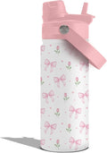 Insulated Water Bottle 18oz, Bow Water Bottle with 2-in-1 Straw and Spout Lid, Pink Bow Drinking Cup Leakproof, Cute Bows Coffee Travel Mug for Bows Lover, Birthday Gift Ideal for Women Man