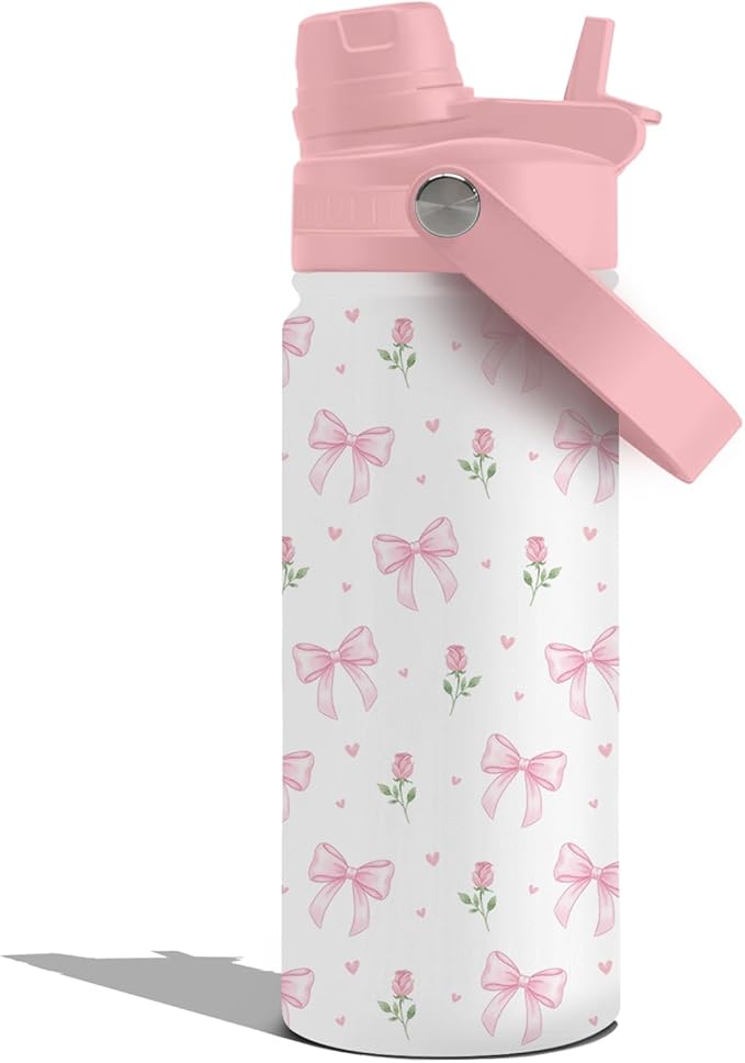 Insulated Water Bottle 18oz, Bow Water Bottle with 2-in-1 Straw and Spout Lid, Pink Bow Drinking Cup Leakproof, Cute Bows Coffee Travel Mug for Bows Lover, Birthday Gift Ideal for Women Man