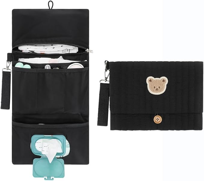 MOMIGO Baby Diaper Bag Organizer Pouches - Waterproof Pod Foldable Diaper Organizer Set, Cute Bear Bag Gift for Baby Shower (Black)