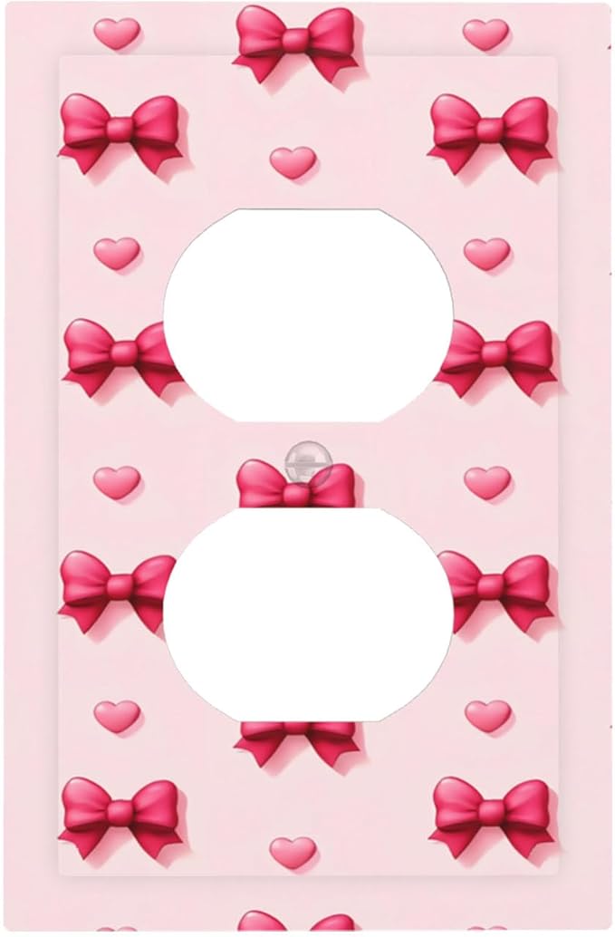 Pink Bow & Heart Duplex Wall Plate - 1-Gang Standard US Size Preppy Coquette Outlet Covers, Sweetheart Girly Pattern for Girls Room