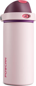 POWCAN 18 oz Stainless Steel Water Bottle: 2-in-1 Push-Button Spout & Quick-Flip Straw, Leakproof, Cold 24 Hrs, Fits Car Cup Holder, Insulated Bottle for Gym, School, Travel, Outdoor Gift (Plum Field)