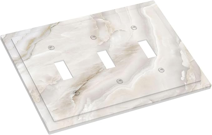 Abstract Luxury White Marble Texture Decorative Switch Plates 3 Gang Wall Plate Triple Toggle Light Switch Cover Faceplate Electrical Wall Panels for Bathroom Kitchen Living Room Decor
