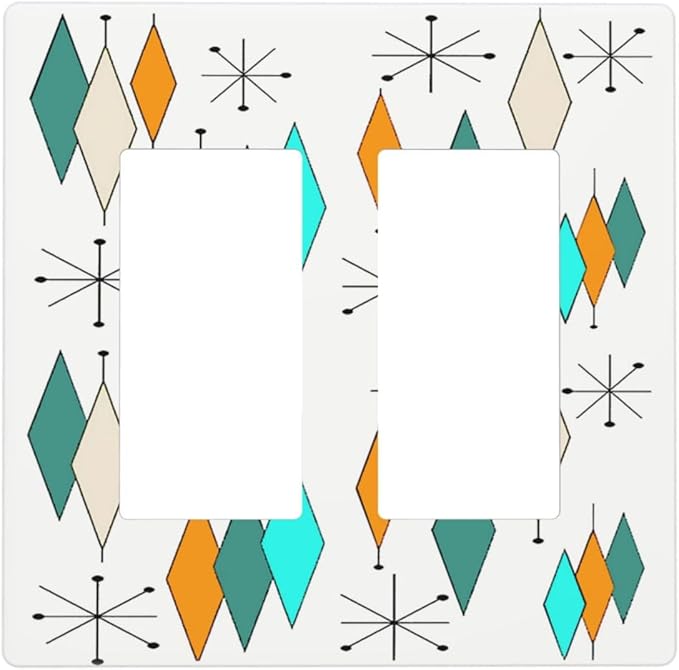 Teal/Blue/Green/Orange Abstract Diamond Atomic Art 2 Gang Double Decorator GFCI/Rocker Wall Plate Modern Mid Century Geometry Electrical Outlet Decorative Receptacle Cover Light Switch for Dimmer, USB