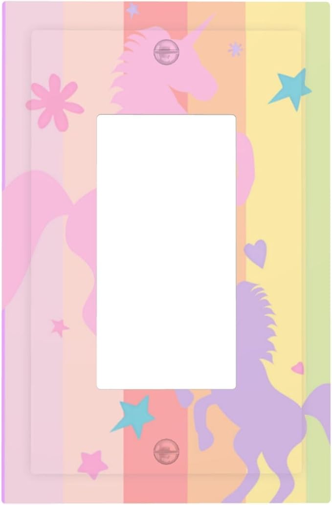 Cute Purple Pink Rainbow Unicorn Single Light Switch Cover Plate 1 Gang Rocker Outlet Covers Decorative Electrical GFCI Wallplate Faceplates for Nursery Girls Boys Room Kids Room Décor