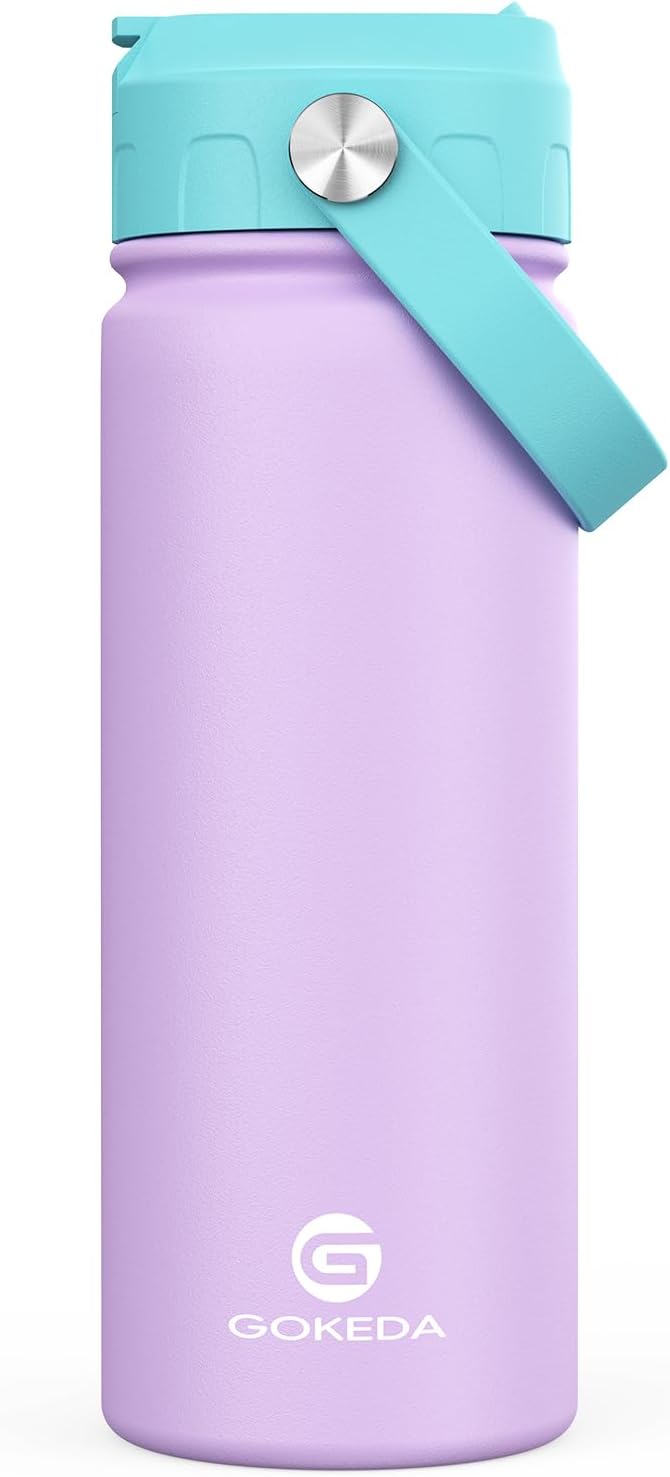 GoKEDA 18oz Kids Water Bottle, Insulated Water Bottles with Stickers, 18/8 Stainless Steel Vacuum Leak Proof Straw Cup for School, Gifts for Girls(Purple)
