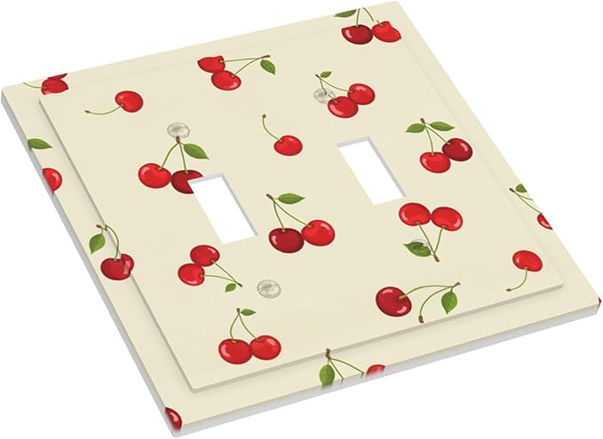 Sweet Cherry Blossom Double Toggle Switch Cover - 2-Gang Standard US Size Playful Cherry Duo Light Switch Covers, Retro Cherry Print for Girls Room Decor