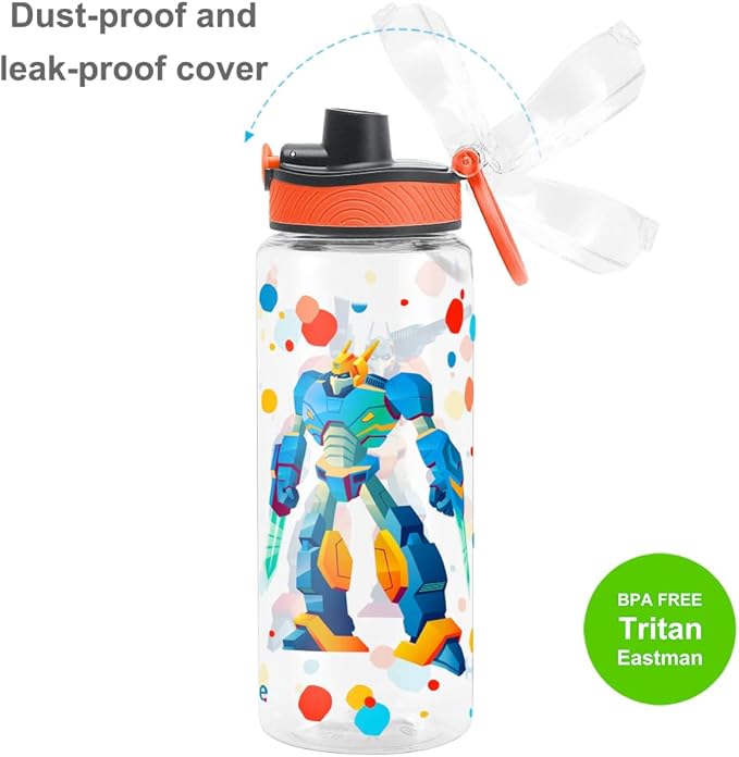 Home Tune Cute Water Bottle for School Kids Girls, BPA FREE Tritan & Leak Proof & Easy Clean & Carry Handle, 23oz/ 680ml (Robot)