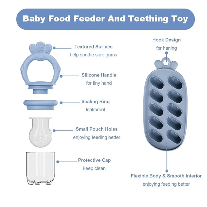 Baby Food Fruit Feeder with Freezer Tray Breastmilk Popsicle Molds Silicone Fruit Feeder for Self Feeding Teething Relief Toys (Blue)