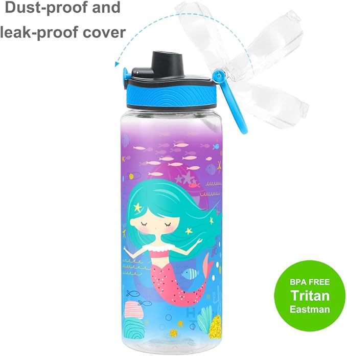 Home Tune Cute Water Bottle for School Kids Girls, BPA FREE Tritan & Leak Proof & Easy Clean & Carry Handle, 23oz/ 680ml (Mermaid 2)
