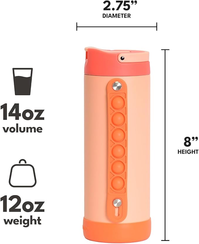 Elemental Iconic Kids Water Bottle for School - 100% Leak-Proof Insulated Water Bottles with Straw Lid & Pop-It Handle for Boys & Girls - Triple-Wall Insulated & BPA-Free, 14oz – Peach Sunrise