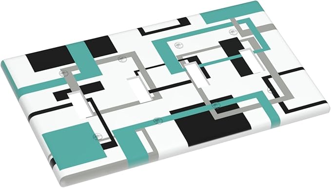 Geometric Turquoise Black Gray Modern Abstract Boho Light Switch Covers Quad Toggle Electrical Faceplate 4 Gang Wall Plate Decorative Switch Plates Cover for Office Nursery Decor