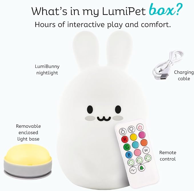 Lumipets Baxter The Bunny Squishy Night Light for Kids | Silicone Lamp with Tap & Remote Control | Rechargeable Color Changing Animal Night Light for Boys & Girls | Portable Nightlight with USB Cord