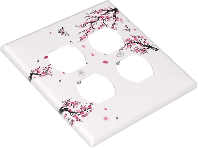 Pink Watercolor Cherry Blossom Flowe Tree Branch Floral Outlet Covers 2 Gang Double Duplex Decorative Light Switch Covers Electrical Wallplates Socket Faceplate for Bedroom Living Room Decor