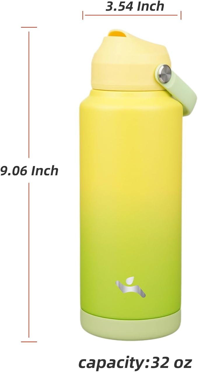 Konokyo Insulated Water Bottle with Straw Lid,32 oz Stainless Steel Vacuum Metal Bottle with Silicone Handle,Lime