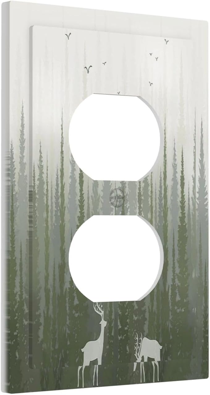 Green Pine Tree Deer Country forest Bird Nature Mist Outlet Covers 1 Gang Duplex Electrical Receptacle Faceplate Light Switch Cover Wall Plate Decorative Switch Plates for Bedroom Home Decor