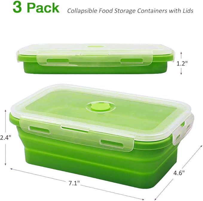 Alimat PluS 27oz Collapsible Food Storage Containers with Lids, 3 Pack Set 800ml Silicone Food Storage Containers, Green Collapsible Food Storage for Kitchen and Outdoor Activities
