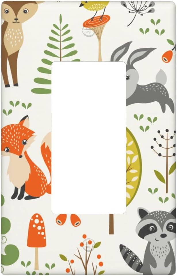 Woodland Animals 1-Gang Rocker Wall Plate, Forest Mushroom Switch Plate for Nursery, Kids Room, Playroom & Cabin
