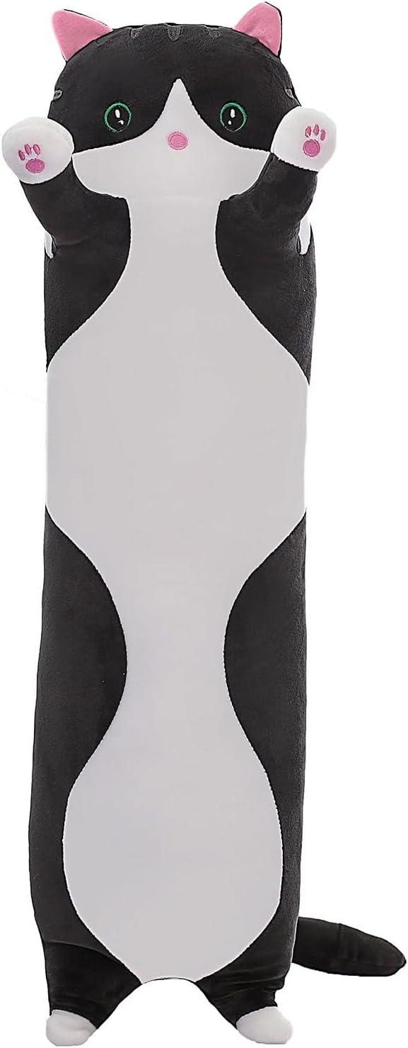 Cute Cat Plush Long Body Pillow – Soft Cartoon Stuffed Animal Doll, Kawaii Cat Plushie Cuddle Toy for Kids, Girls & Girlfriend (Black, 27.5 Inch)