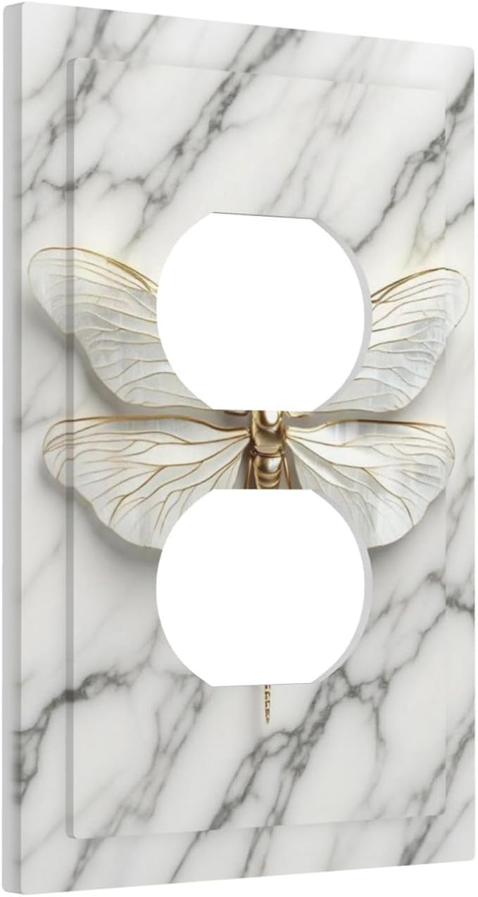 White Gold Marble Dragonfly Abstract Modern Outlet Covers 1 Gang Duplex Light Switch Cover Decorative Switch Plates Electrical Receptacle Faceplate Wall Plate for Bathroom Home Decor