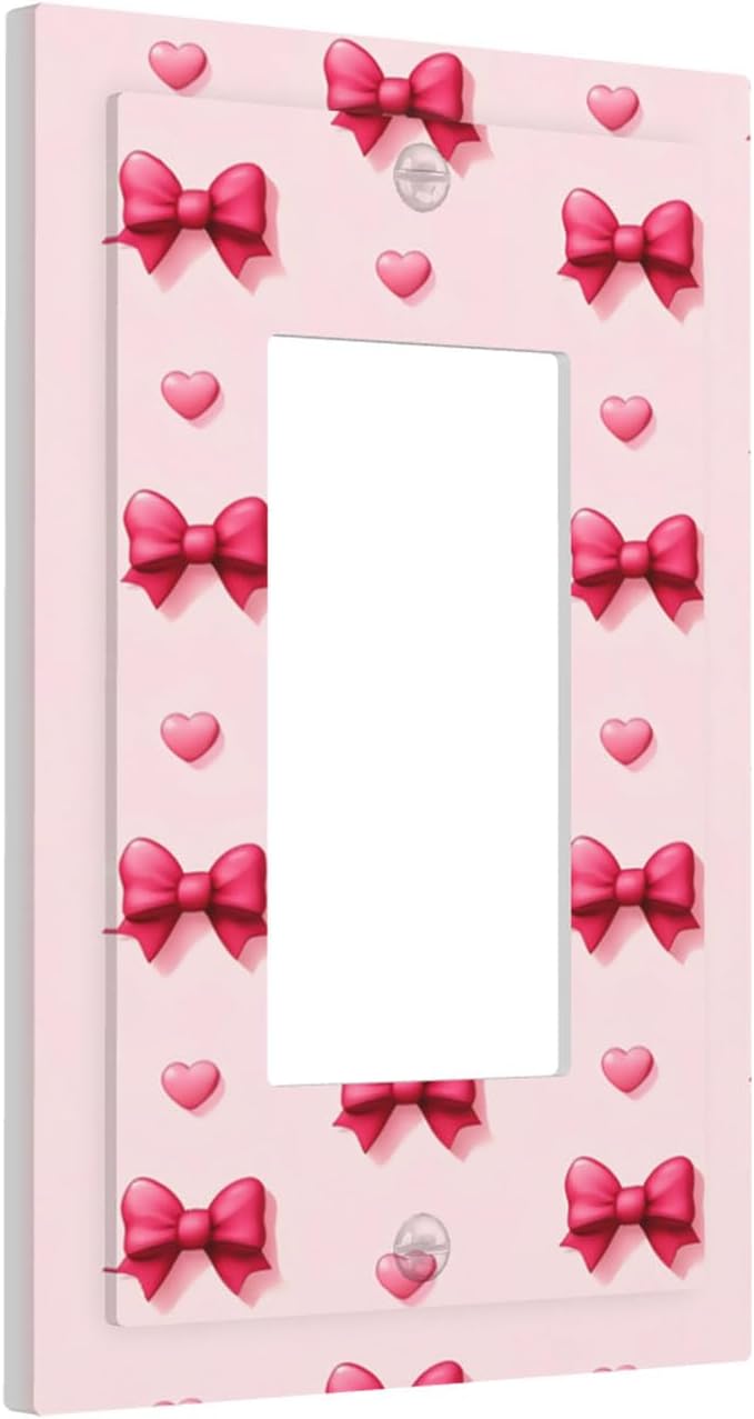 Pink Bow & Heart Single Rocker Switch Cover - 1-Gang Standard US Size Preppy Coquette Light Switch Covers, Sweetheart Girly Pattern for Girls Room