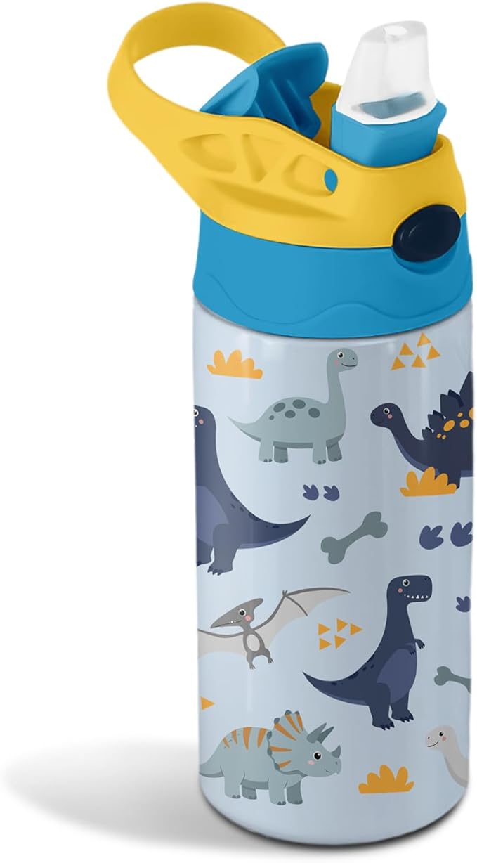 12oz Dinosaur Kids Water Bottle, Cute Dino Water Bottle for School, Kids Insulated Bottles with Straw & Handle, Leak-Proof, BPA-free, Straw Lid, Stainless Steel for Travel Gift Cup for Boys (1pc)
