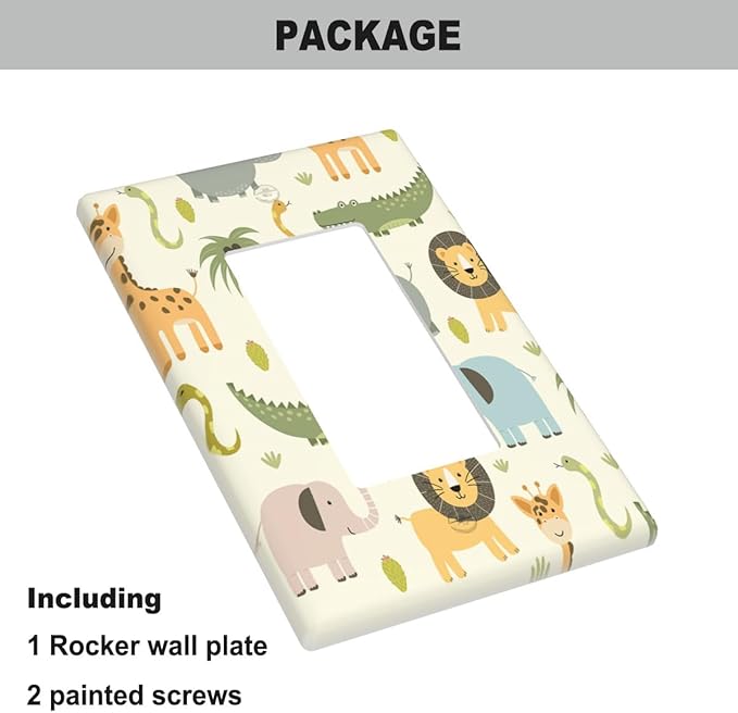 Cartoon Animal Single Rocker Light Switch Cover Plate Cute Hippo Crocodile Lion Elephant And Giraffe Funny Wildlife Wall Plate 1-Gang Rocker Plug Outlet Cover for Boys Girls