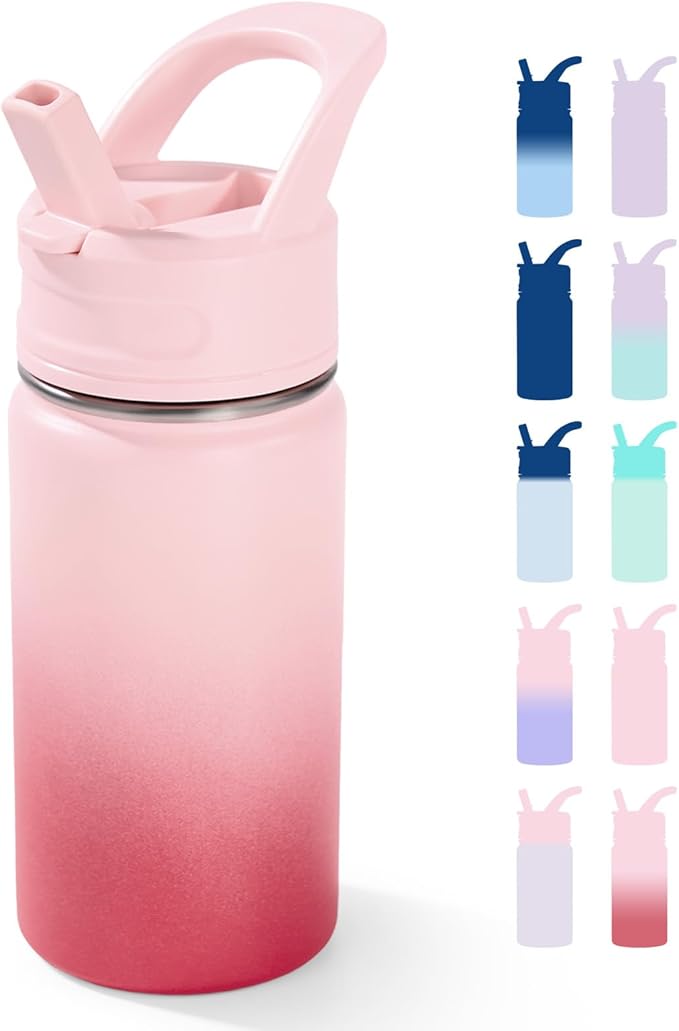 Fijinhom 12oz Kids Water Bottle for School, Toddler Bottles with Straws, Stainless Steel Vacuum Insulated Water Bottle for Boys&Girls, Leak-Proof, BPA-Free, Cherry
