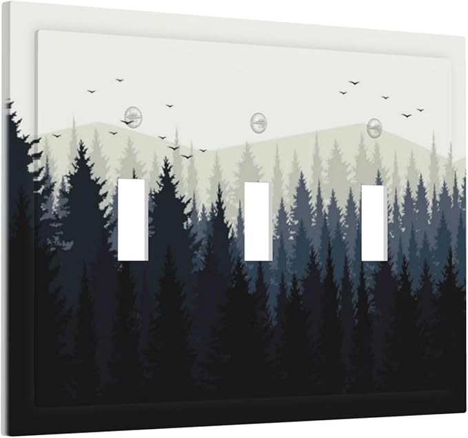 Decorative Switch Plates Forest Pine Tree Mountains Black Bird 3 Gang Wall Plate Triple Toggle Light Switch Cover Faceplate Electrical Wall Panels For Bed Room Farmhouse Decor