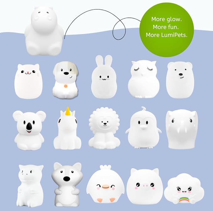 LumiPets Honey the Hippo Silicone Night Light for Kids | Squishy Lamp with Tap & Remote Control | Rechargeable, 9 Color Changing Animal Night Light for Boys & Girls | Portable Nightlight With USB Cord